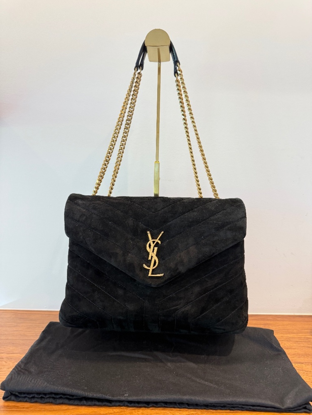 Saint Laurent Suede Quilted Monogram Medium Loulou Chain Satchel in Black